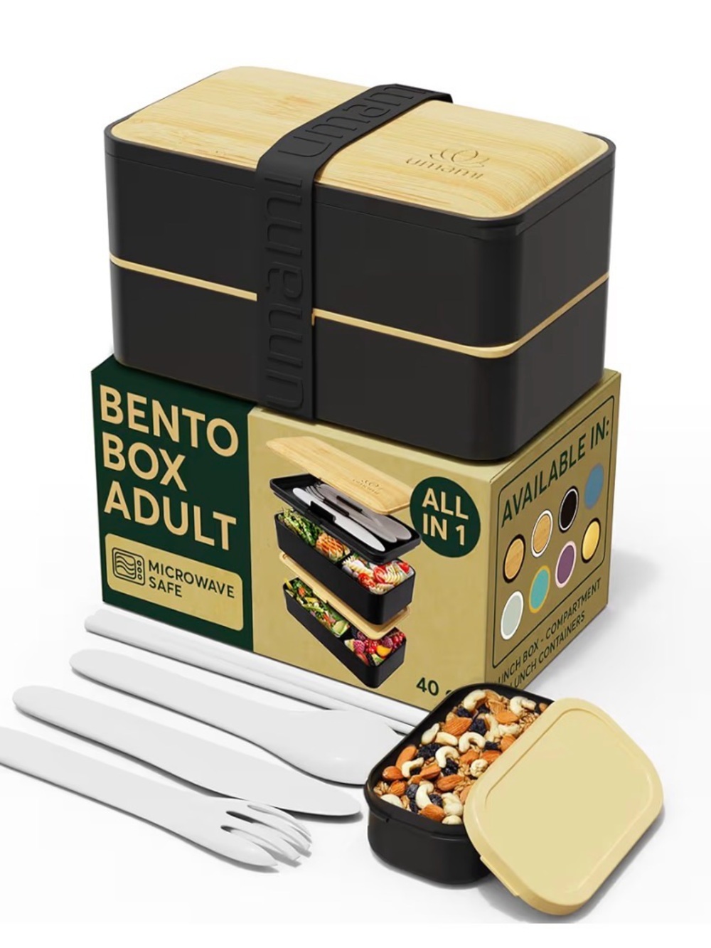 Black Bento Lunch Box with Bamboo-Style Lids